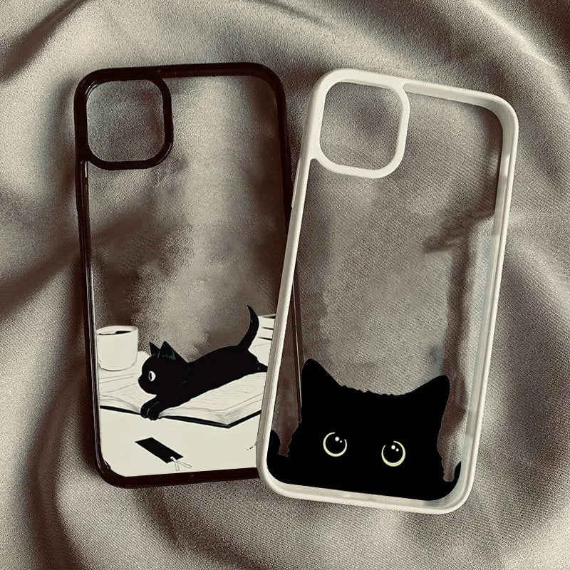 Cute Black Cat Pattern Hard Clear Phone Case For iPhone