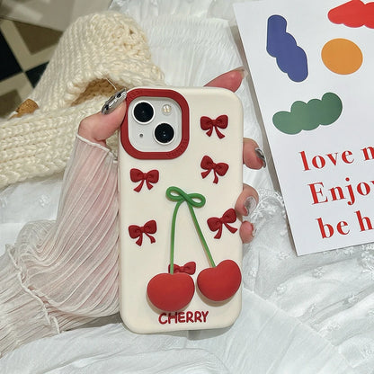 3D Bow Cherry Pendant Shockproof Cover Cartoon Shatter Silicone Soft Phone Case For iPhone