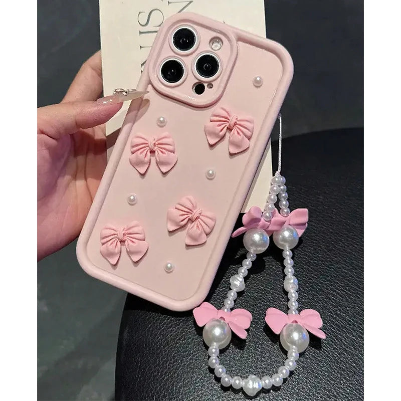 3D Elegant Bowknot Faux Pearl Chain Silicone Phone Case For iPhone Soft Cover