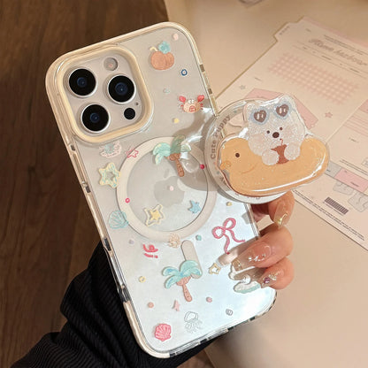 Summer Style Cute Cartoon Glitter Puppy Bracket Magnetic Phone Case For iPhone