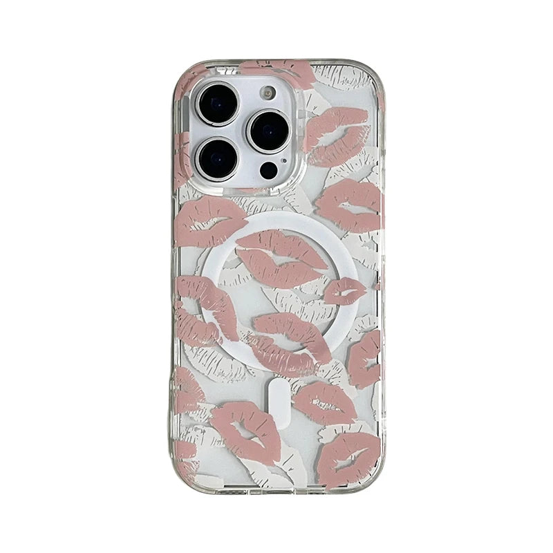 Fashion Pink Lip Print Magnetic Wireless Charing Phone Case
