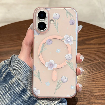 Tulip Floral Tiny Dot Print Wireless Charging Phone Case For iPhone