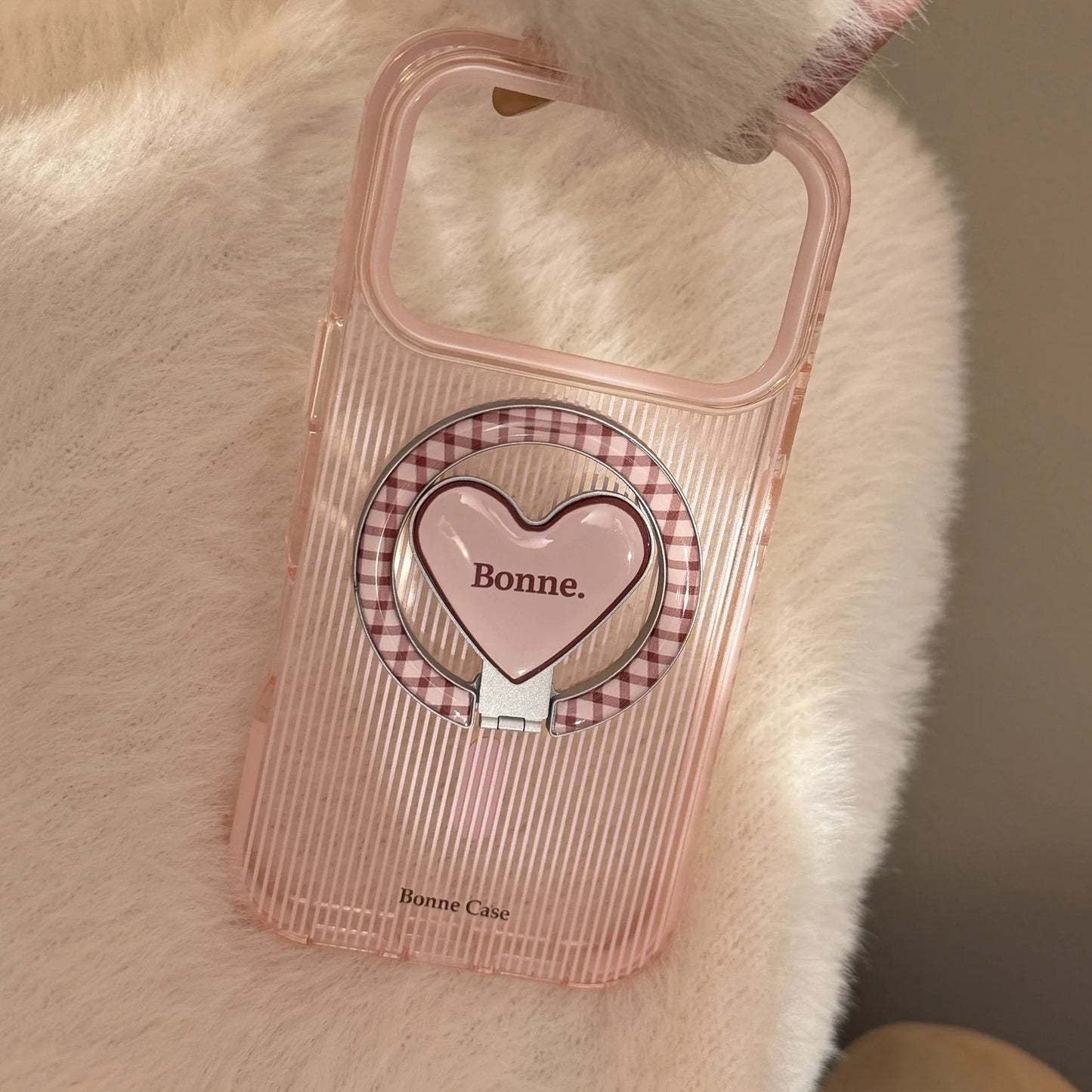 Korean Pink Striped With Plaid Love Heart Bracket Magnetic Phone Case For iPhone