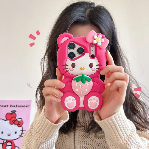 Korea Cute Bowknot Strawberries Sanrio Kitty Cat 3D Silicone Soft Phone Case For iPhone