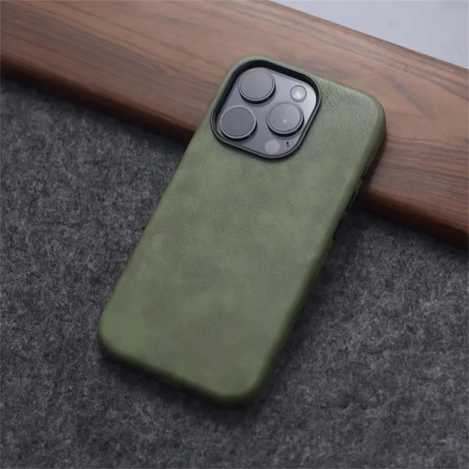 Retro Crazy Horse Leather Magsafe Phone Case For iPhone Simple Leather Texture Magnetic Phone Case