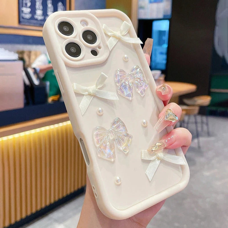 3D Bow Pearl Decorated Phone Case For iPhone Shockproof Silicone Soft Cover