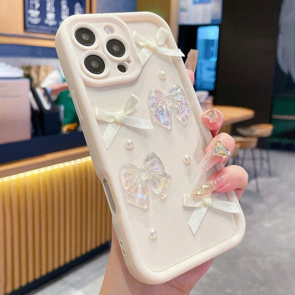 3D Bow Pearl Decorated Phone Case For iPhone Shockproof Silicone Soft Cover