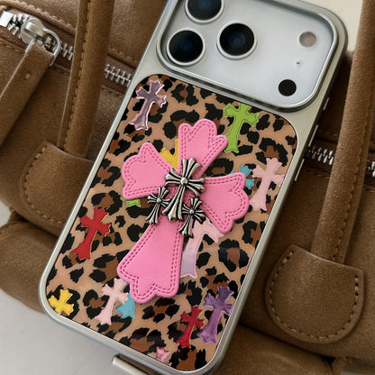 Silver-edged gold-plated leopard Print Pink Chrome Hearts phone case for iPhone