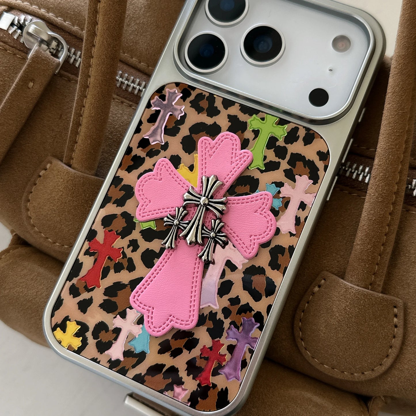 Silver-edged gold-plated Leopard Print Pink Chrome Hearts Phone Case For iPhone