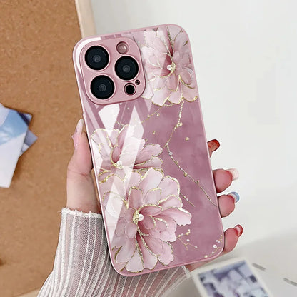 Flower Phone Case For iPhone  Shockproof Tempered Glass Cover
