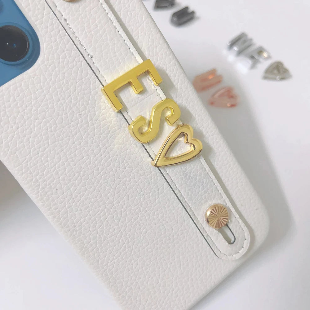 Holding Strap Personalised Custom Name Gold Metal Letters Leather Phone Case For Iphone