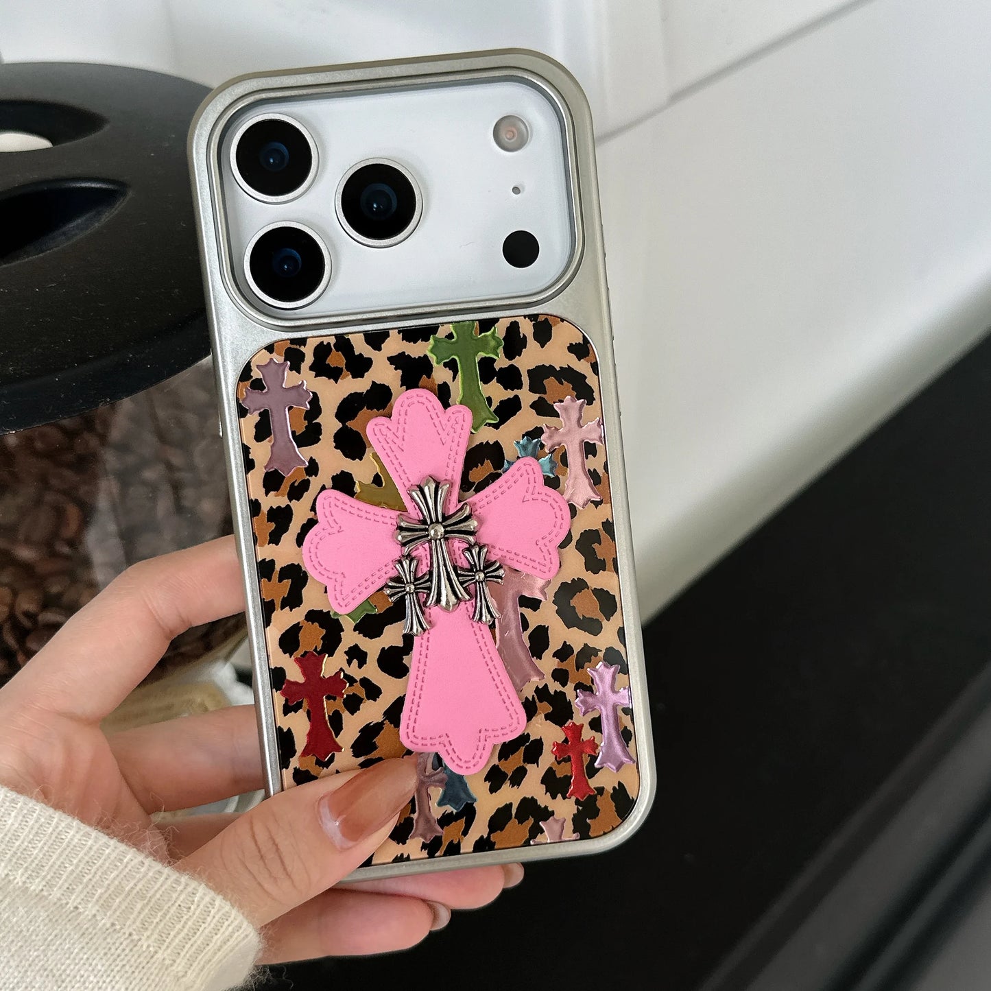 Silver-edged gold-plated Leopard Print Pink Chrome Hearts Phone Case For iPhone