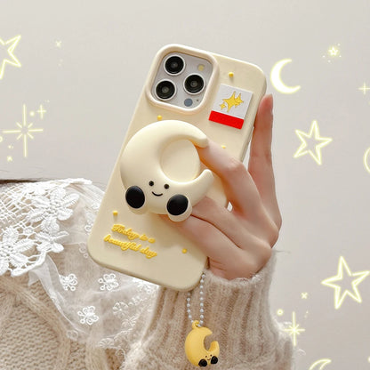 Kawaii Smile Moon Star Case Soft Silicone Cover With Holder Pendant For iPhone