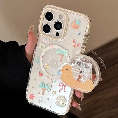 Summer Style Cute Cartoon Glitter Puppy Bracket Magnetic Phone Case For iPhone