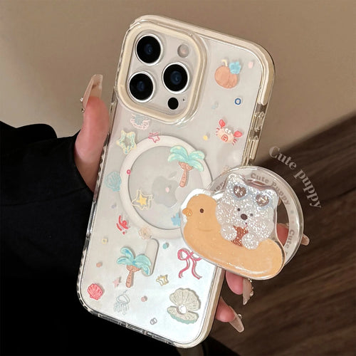 Summer Style Cute Cartoon Glitter Puppy Bracket Magnetic Phone Case For iPhone