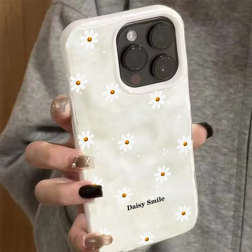 Cute Daisy Smile Floral Phone Case Wavy Marble Texture Shockproof Cover For iPhone