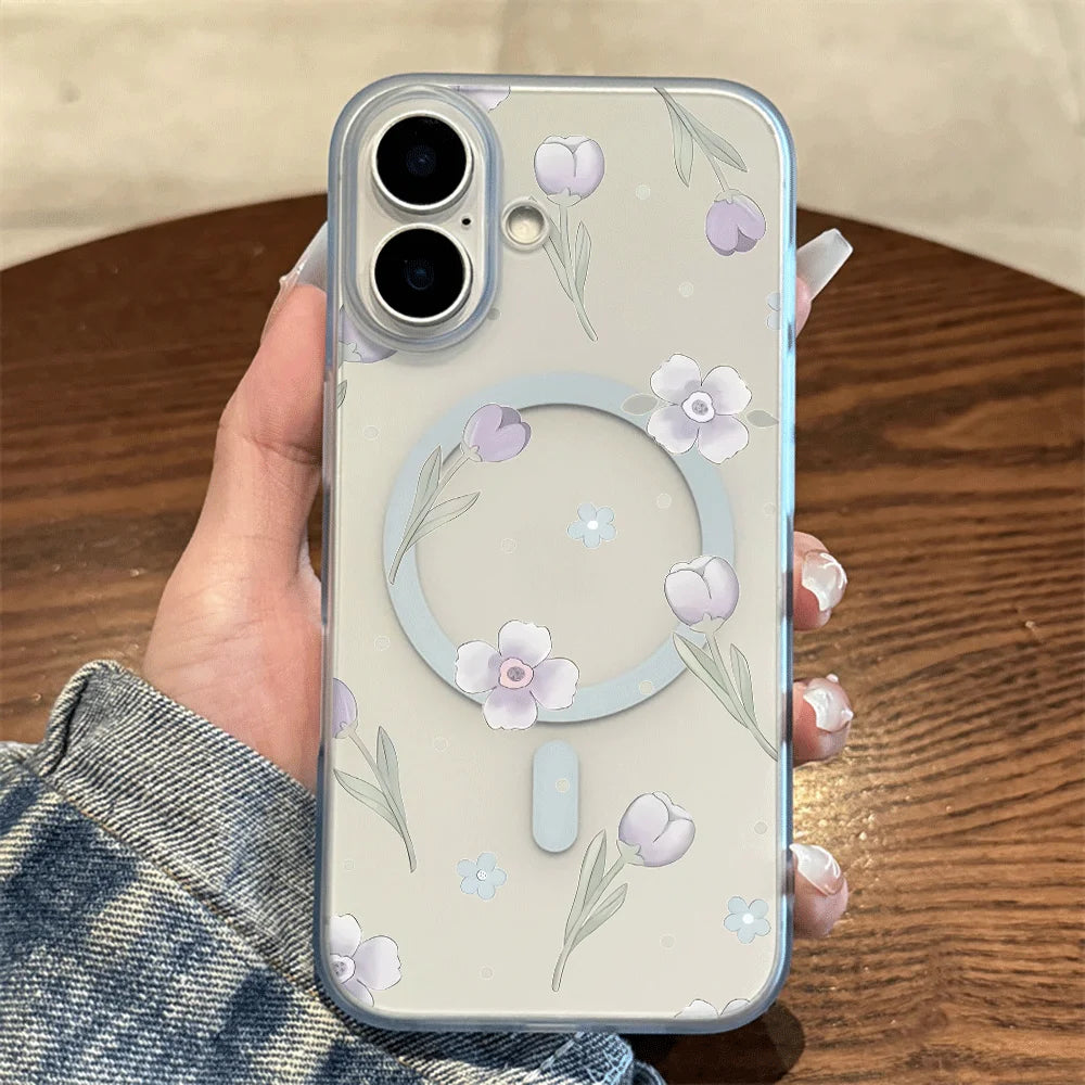 Tulip Floral Tiny Dot Print Wireless Charging Phone Case For iPhone