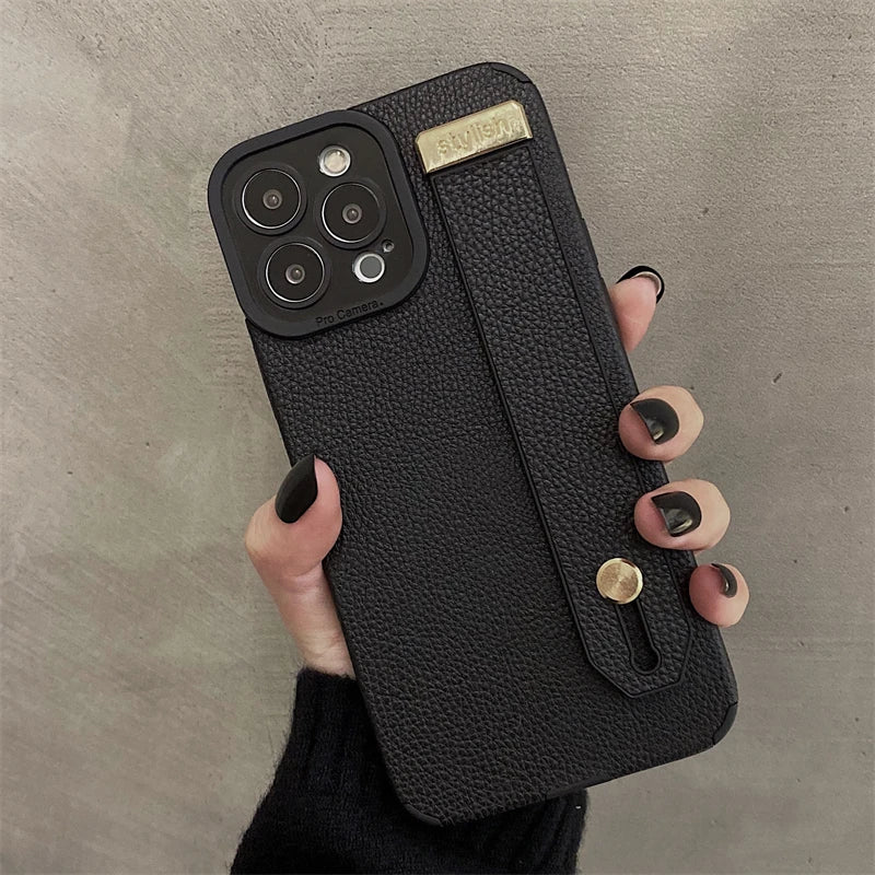 Luxury Wrist Strap Holder Leather Texture Case For iPhone