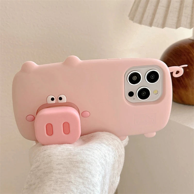 Funny Cute Pink Pig Folding Holder Stand Phone Case