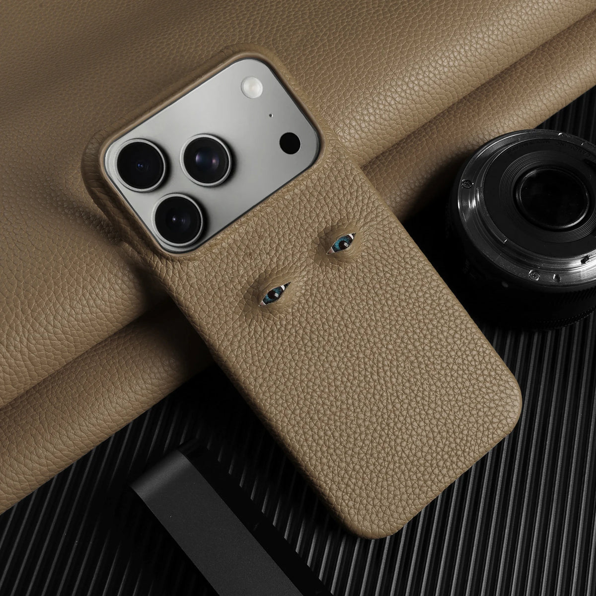 With Eyes Lychee Genuine Leather Case For iPhone