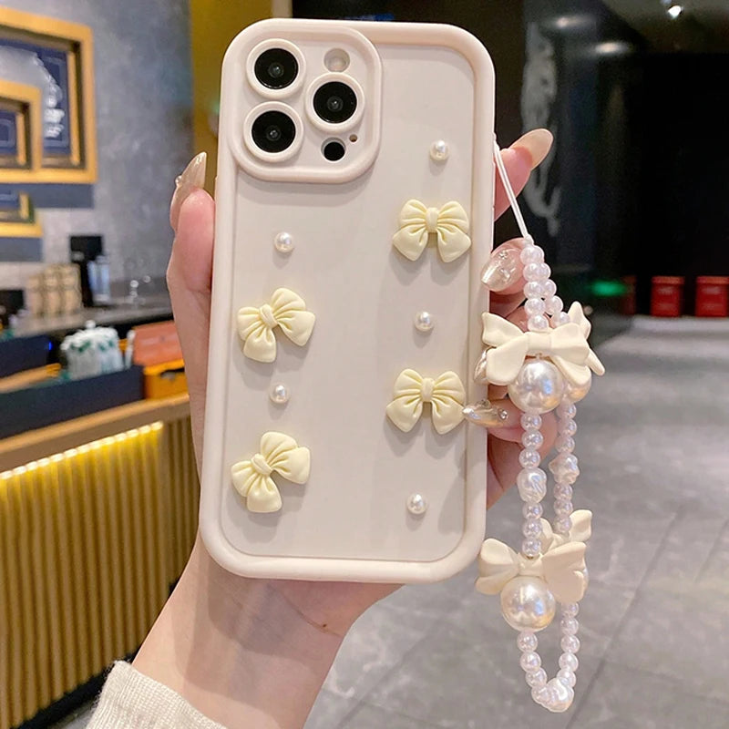 3D Elegant Bowknot Faux Pearl Chain Silicone Phone Case For iPhone Soft Cover