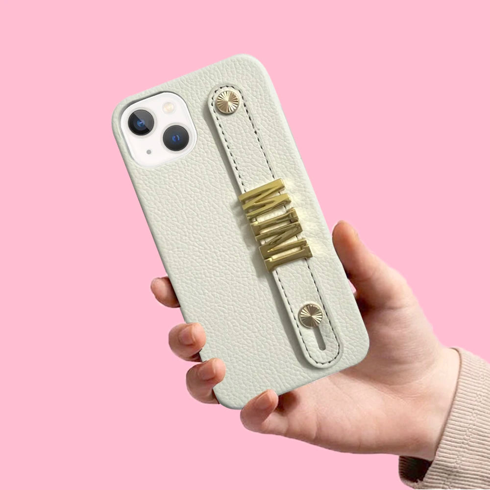 Personalized Leather Phone Case with Strap & Gold Letters For iPhone