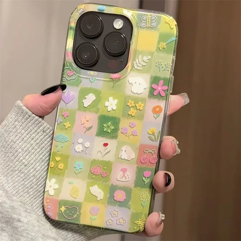 IND Green Grass Grid Pattern Broken Flower Rabbit Phone Case With Chain  For iPhone