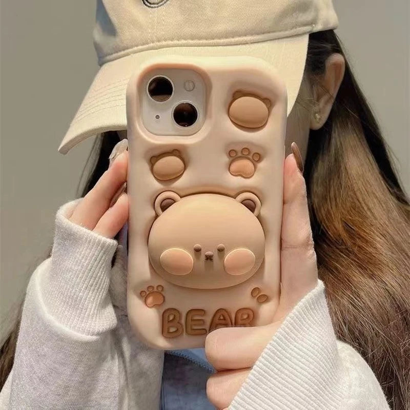 Cheek Color Bear Grip Tok Holder 3D Cartoon Silicon Soft Phone Case For iPhone