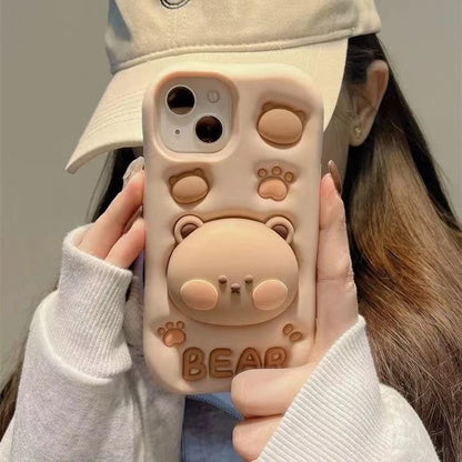 Cheek Color Bear Grip Tok Holder 3D Cartoon Silicon Soft Phone Case For iPhone