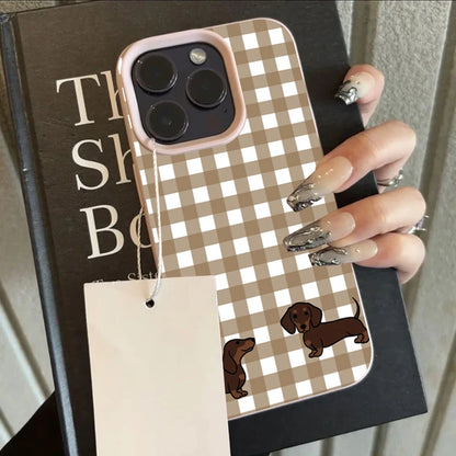 Dachshund Plaid Phone Case For iPhone Brown Checkerboard Two Dogs Design Leather Soft Cover