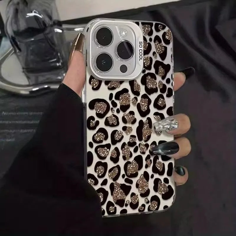 Luxury Glitter Leopard Print Case For iPhone Bling Diamond Camera Protection Soft Cover