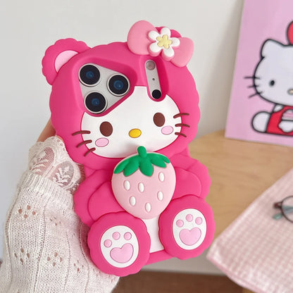 Korea Cute Bowknot Strawberries Sanrio Kitty Cat 3D Silicone Soft Phone Case For iPhone