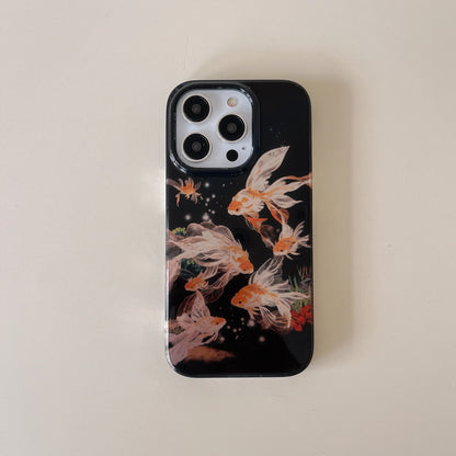 Elegant Black Glossy Koi Fish Phone Case With Glacial Texture