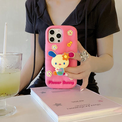 Kawaii 3D Cartoon Rabbit Floral Bracket Soft Silicone Phone Case