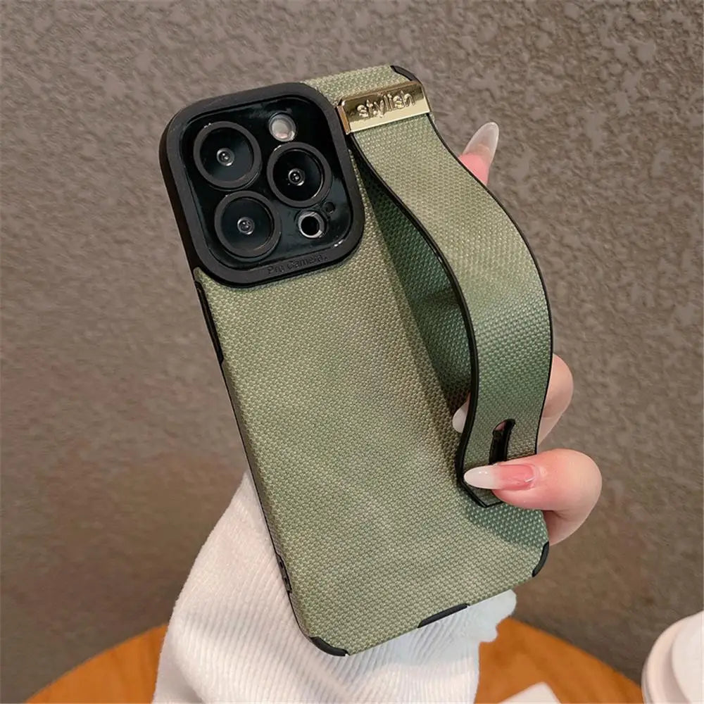 Luxury Leather Wrist Strap Holder Stand Phone Bracket Case For iPhone