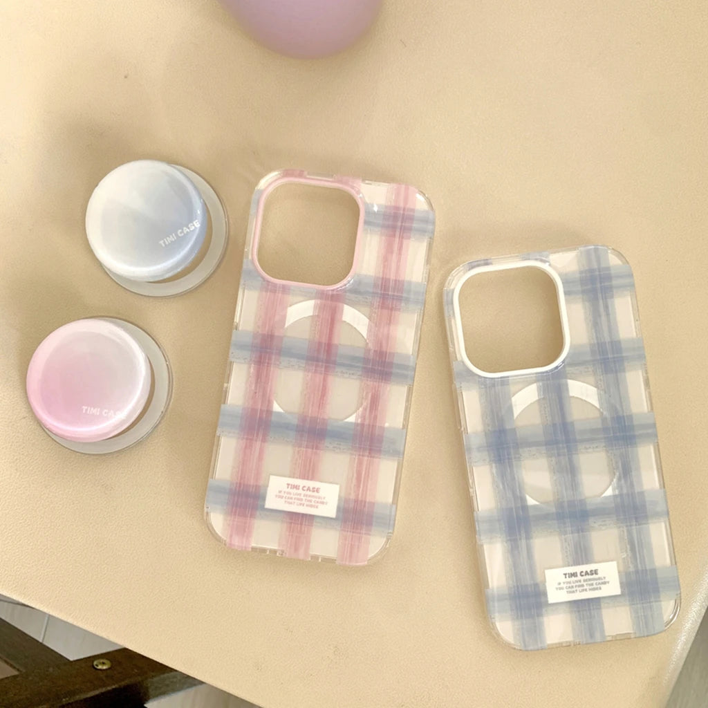 Fresh Simple Pink Blue Grid Pattern With Holder Magnetic Wireless Charging Phone Case
