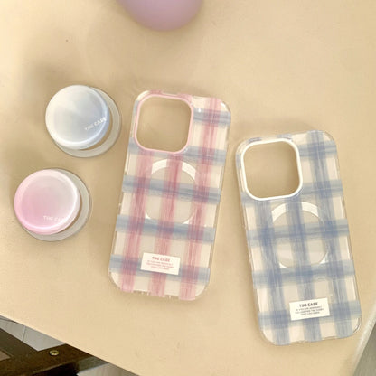 Fresh Simple Pink Blue Grid Pattern With Holder Magnetic Wireless Charging Phone Case
