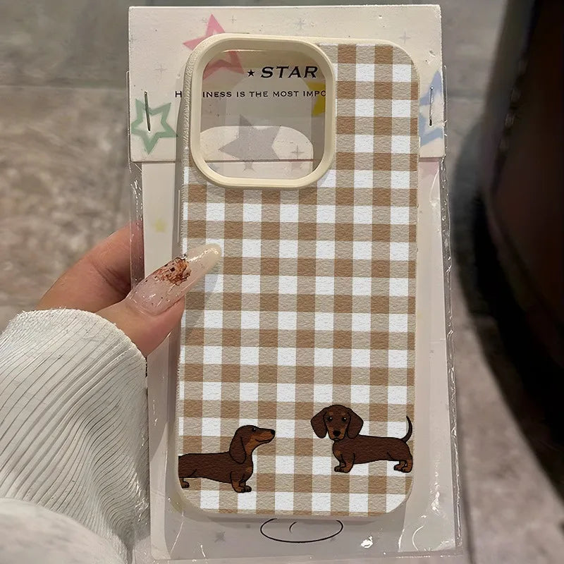 Dachshund Plaid Phone Case For iPhone Brown Checkerboard Two Dogs Design Leather Soft Cover