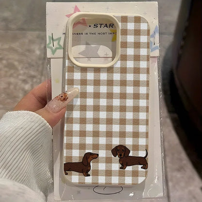 Dachshund Plaid Phone Case For iPhone Brown Checkerboard Two Dogs Design Leather Soft Cover