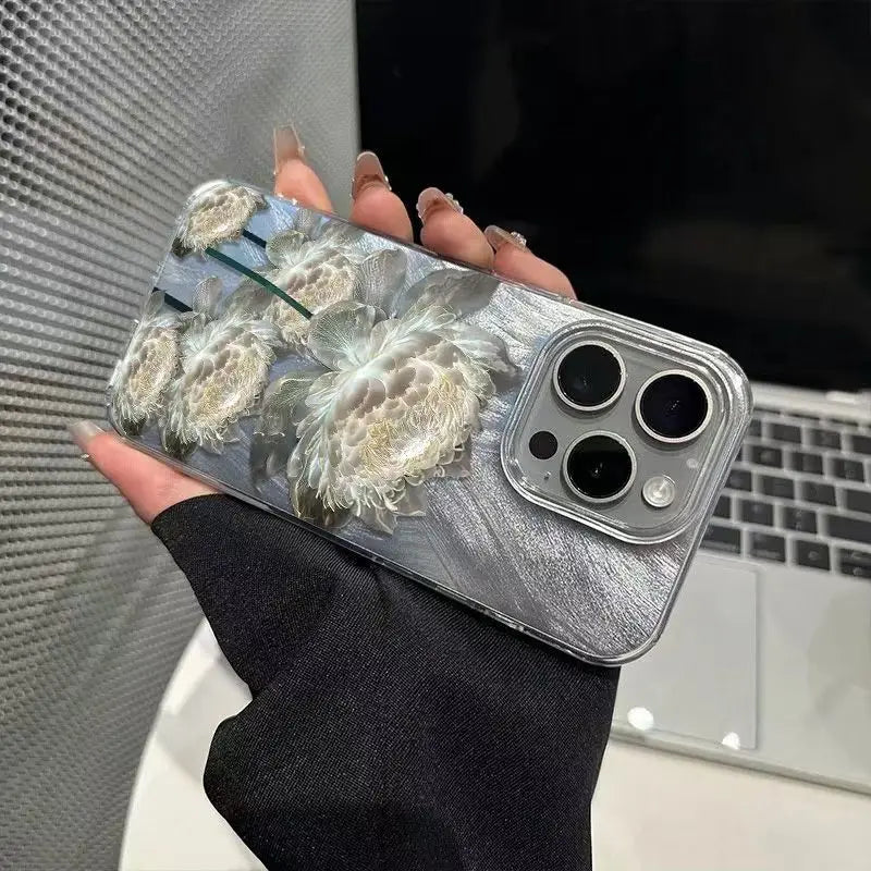 Five Golden Lotus Pattern Phone Case for IPhone Feather Texture Hard Cover