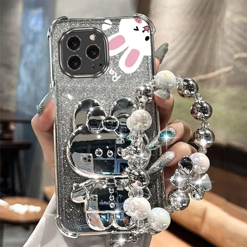 Airbag Glitter Mirror Rabbit Phone Holder Case On For iPhone