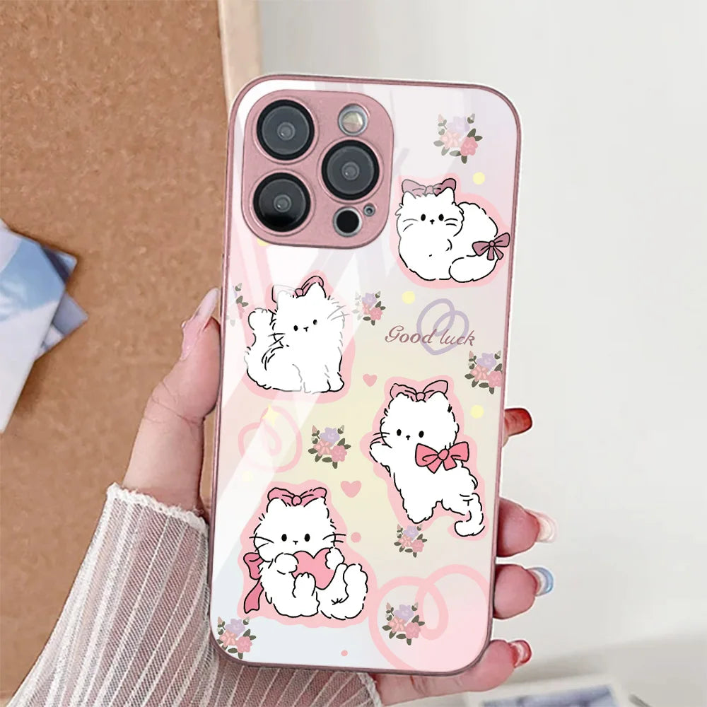 Cute Cat Phone Case For iPhone  Tempered Glass Shockproof Cover