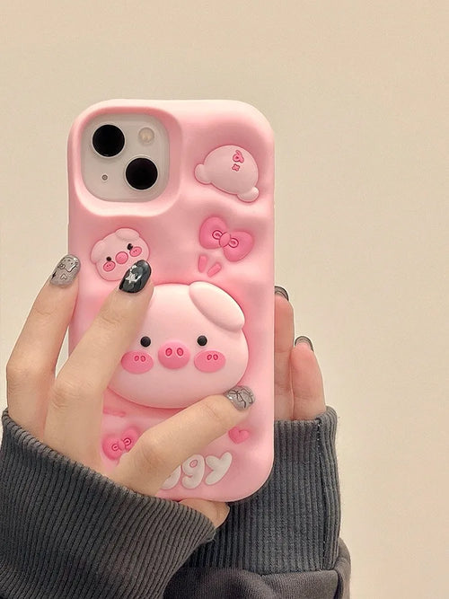 Cute Funny Pig Piggy Telescopic Bracket Case For iPhone