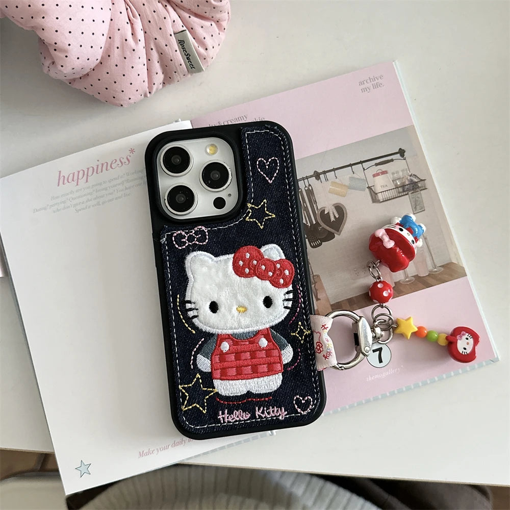 Luxury Denim Leather Pattern Cartoon Hello Kitty Case For iPhone Love Heart Stars Style Cover