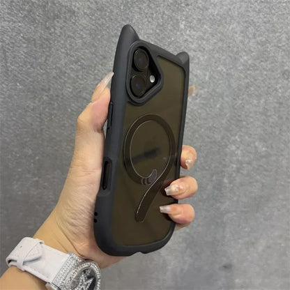 Cartoon Cat Ear Magnetic Lanyard Case Wristband Clear Soft Border Cover For iPhone