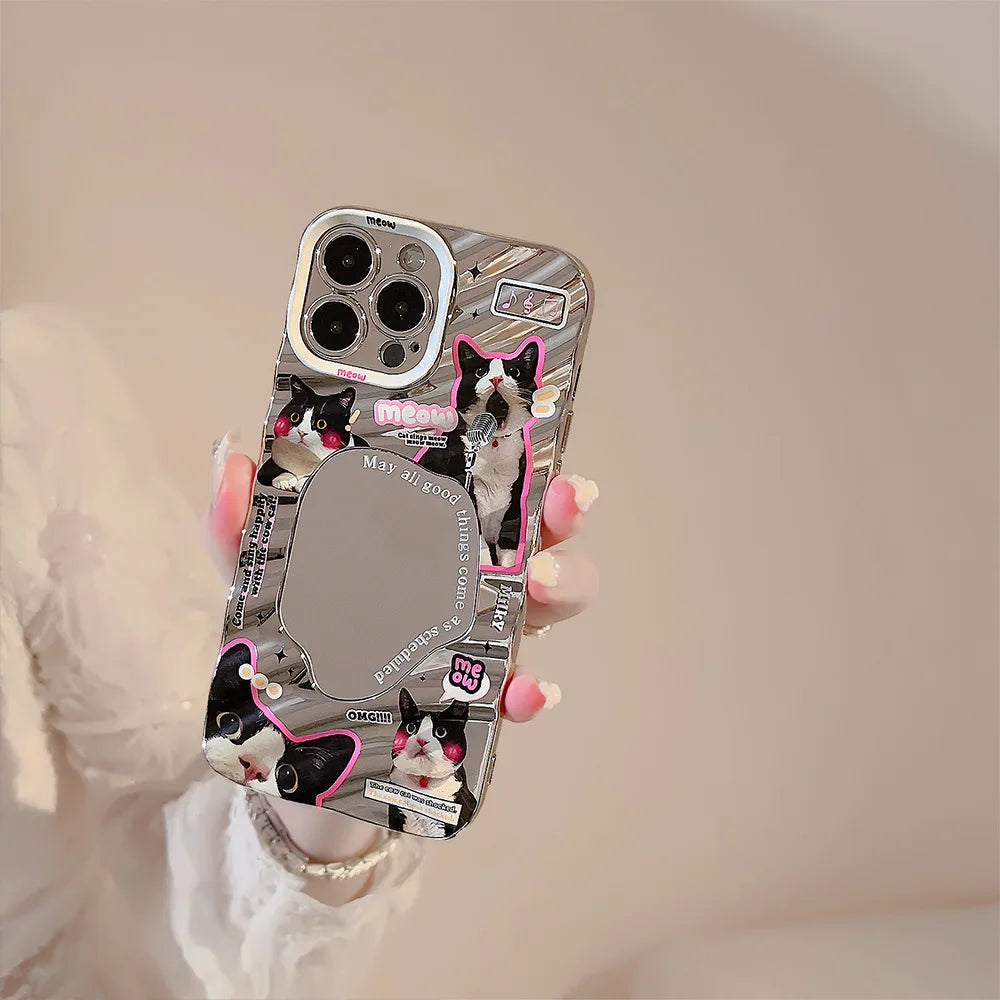 Creative Black Cat Puppy Mirror Cover For iPhone