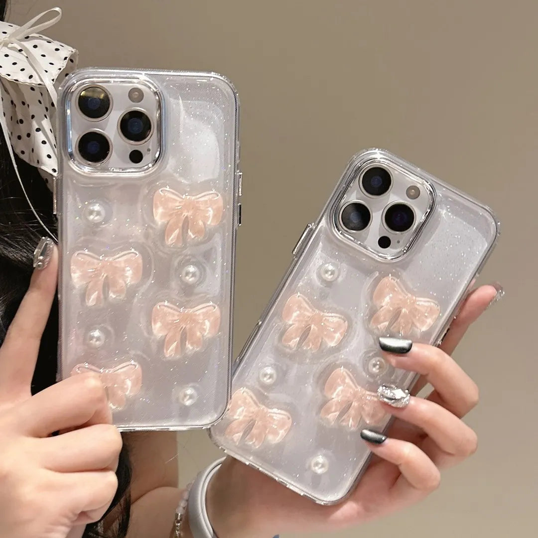 Korean Cute 3D Pink Bowknot Pearl Clear Phone Case For iPhone Shockproof Transparent Cover