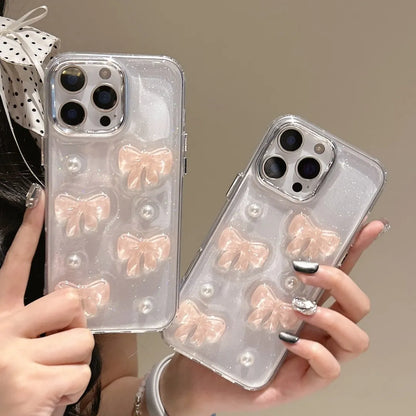 Korean Cute 3D Pink Bowknot Pearl Clear Phone Case For iPhone Shockproof Transparent Cover