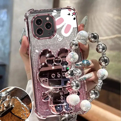 Airbag Glitter Mirror Rabbit Phone Holder Case On For iPhone