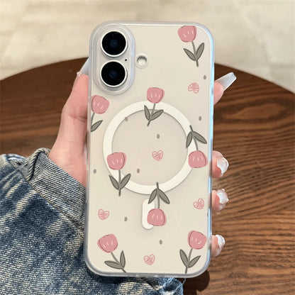 Pink Tulip Heart Tiny Dot Print Wireless Charging Phone Case For Magsafe iPhone
